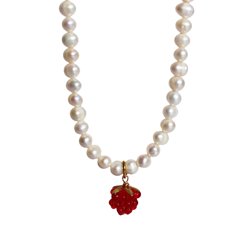 Natural pearl necklace glazed raspberry pendant