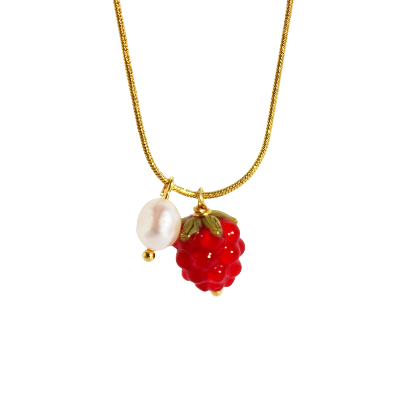 Glazed Raspberry Pearl Pendant Snake Bone Chain Cherry Necklace