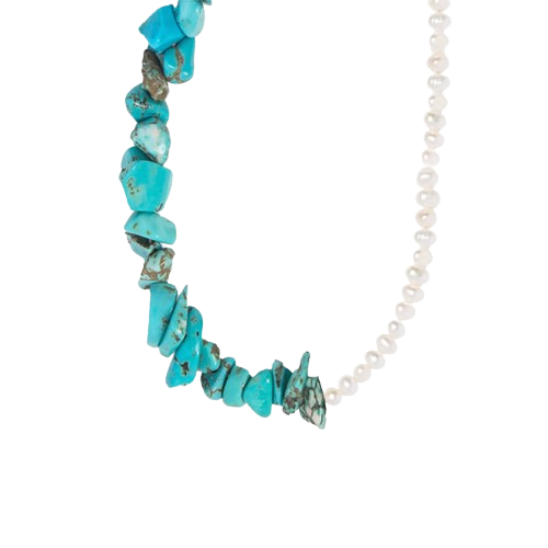 Turquoise patchwork pearl necklace